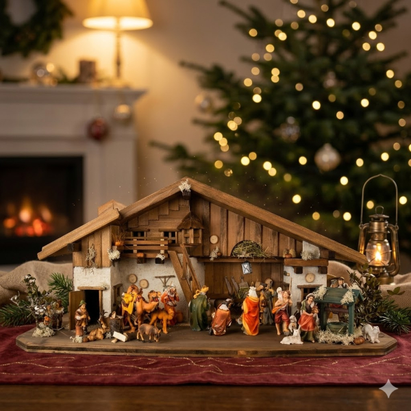 Stimmungsvolle Weihnachtskrippe Gotthard dunkel inkl. 24-tlg. Figurensatz K 002, Maße Krippe: ca. 90 x 40 x 40 cm